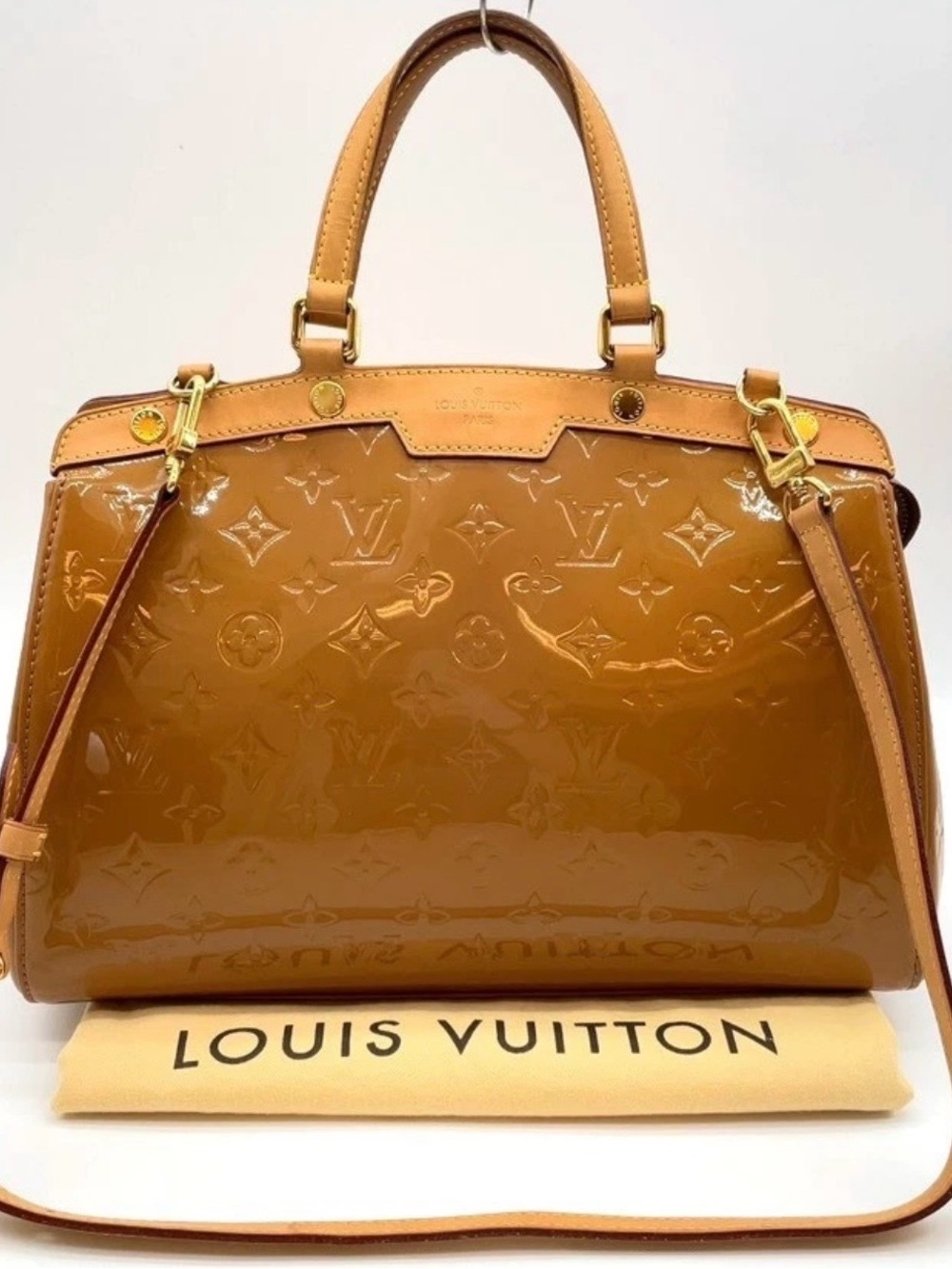 Louis Vuitton Patent Monogram Satchel in Caramel
